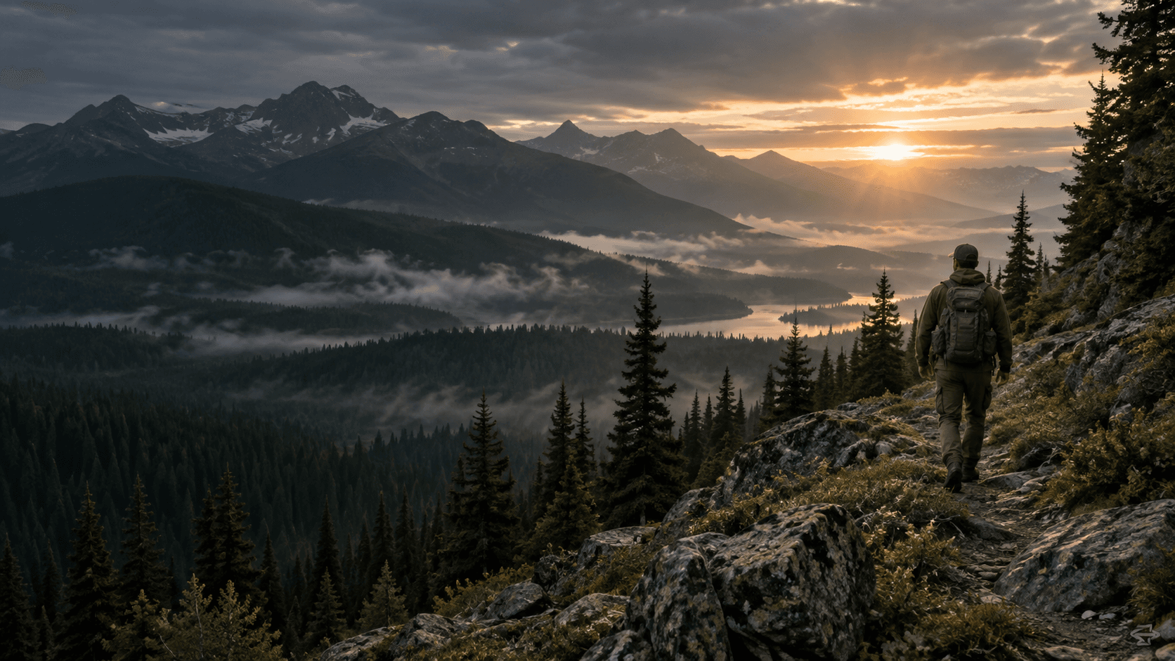 Hunter walking a mountain ridge at dawn